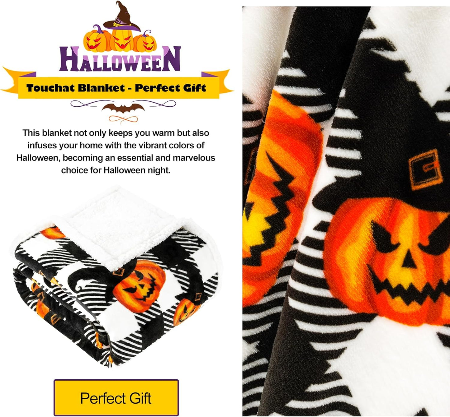 Touchat Halloween Blanket Twin Size 60" X 70"，Pumpkin Sherpa Fall Fuzzy Fluffy Soft Cozy Blankets