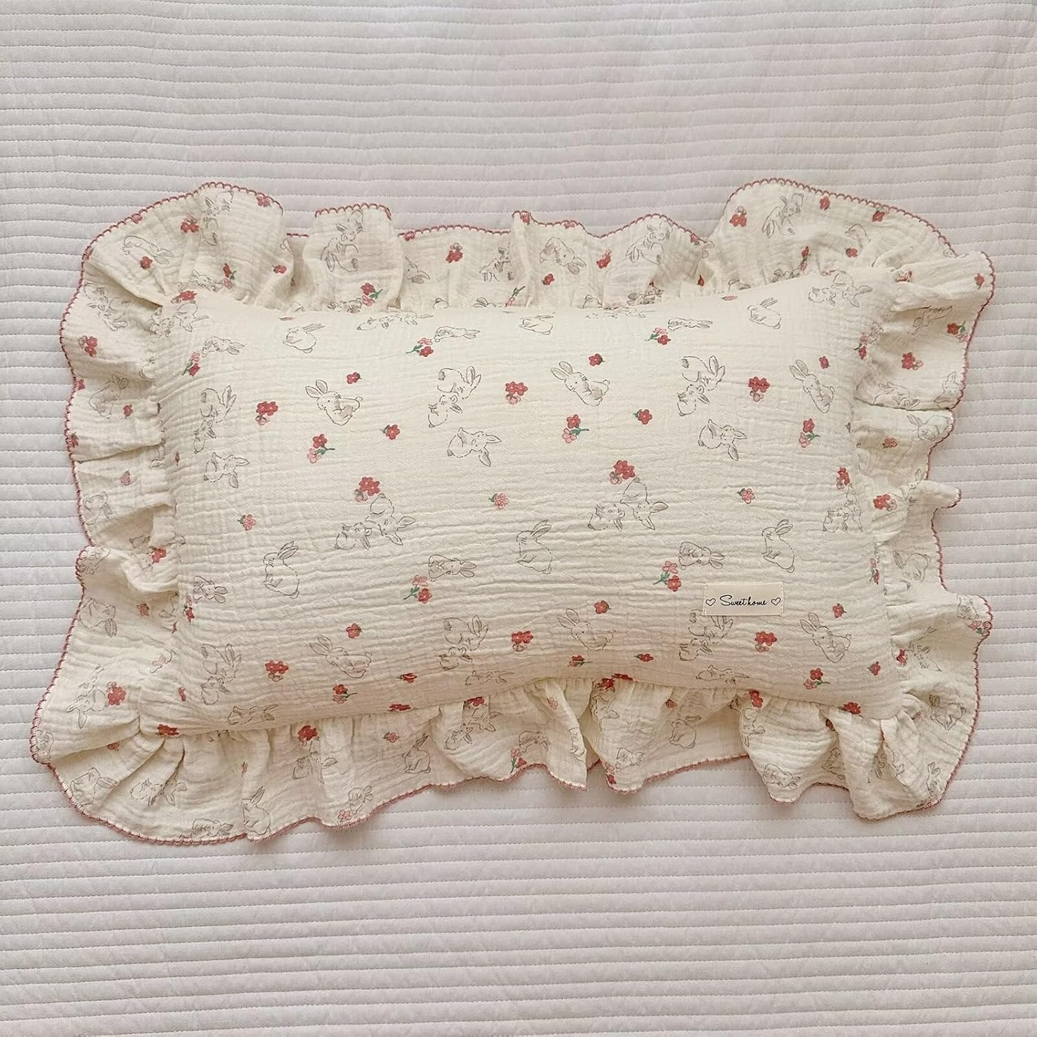 BuLuTu Rabbit Floral Toddler Pillowcase Muslin Cotton Kids Pillow Case Standard Size, 20"x26", Soft