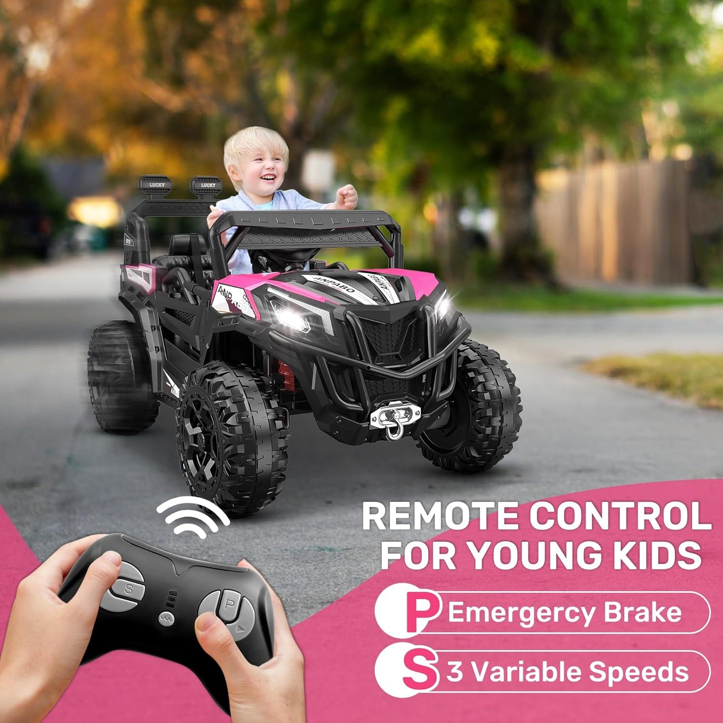 ANPABO 24V 4X4 Ride on Car Truck w/Remote Control, 4WD/2WD Switchable Kids UTV, 19" Spacious Seat