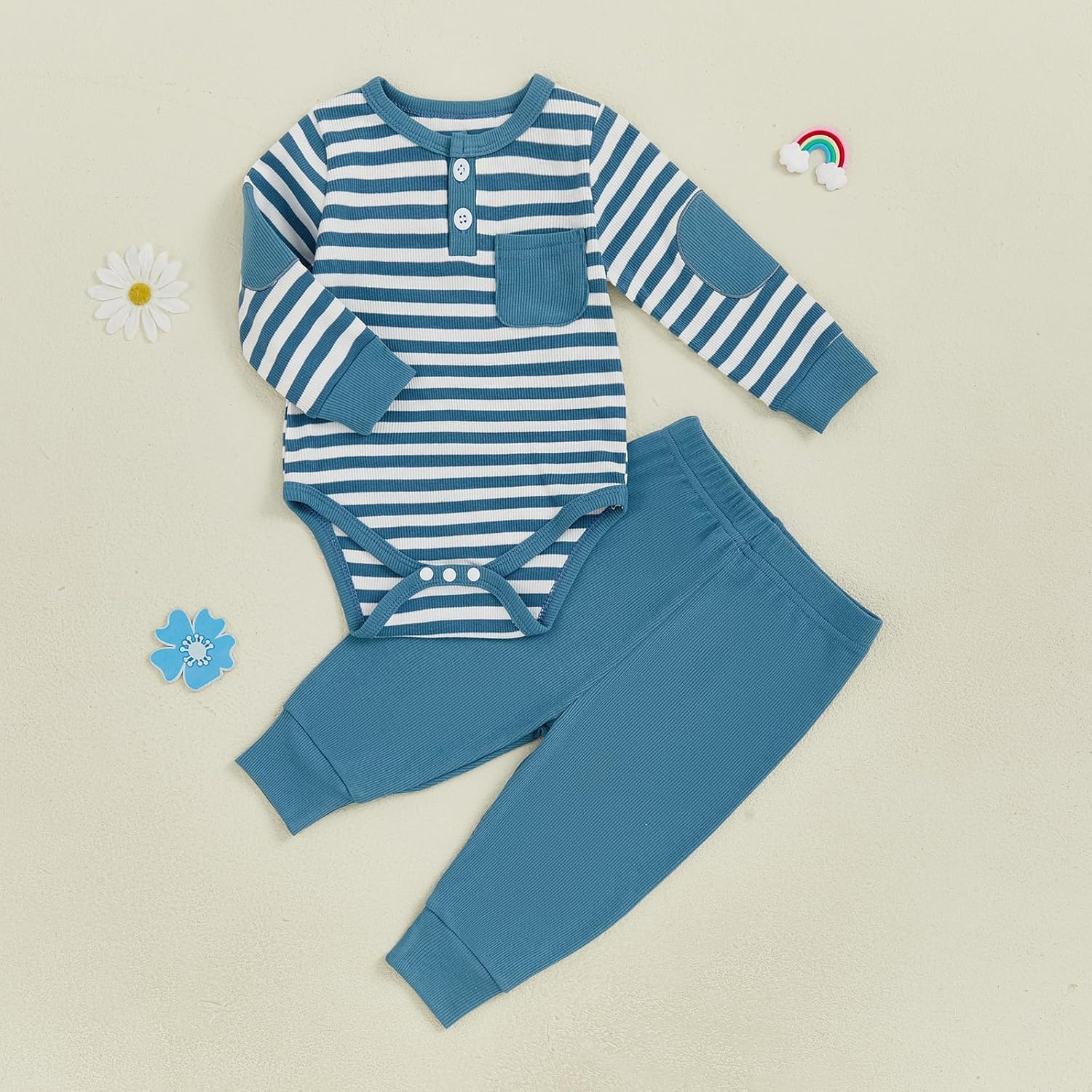 fhutpw Baby Boy Clothes 3 6 12 18 Months Ribbed Knitted Long Sleeve Romper and Pants Sets Newborn
