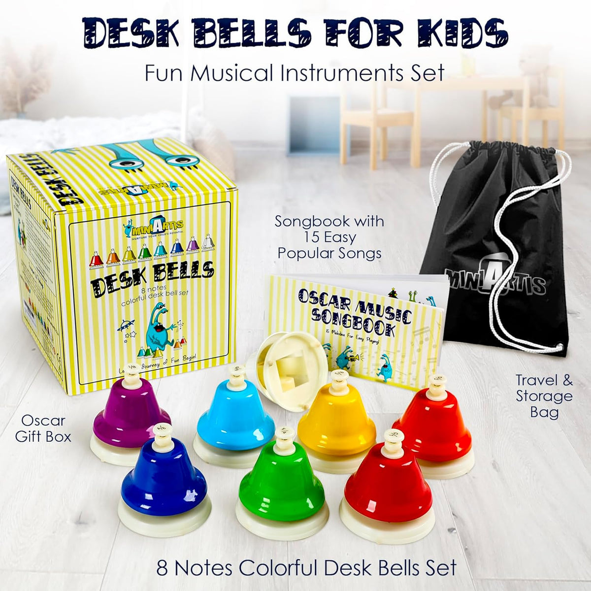 MINIARTIS Desk Bells for Kids | Educational Music Toys for Toddlers 8 Notes Colorful Hand Bells Set