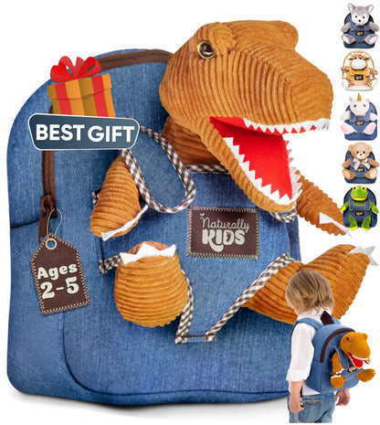 Naturally KIDS Toddler Backpack w. Plush Dinosaur Toy, Kids Gift 2 3 4 5