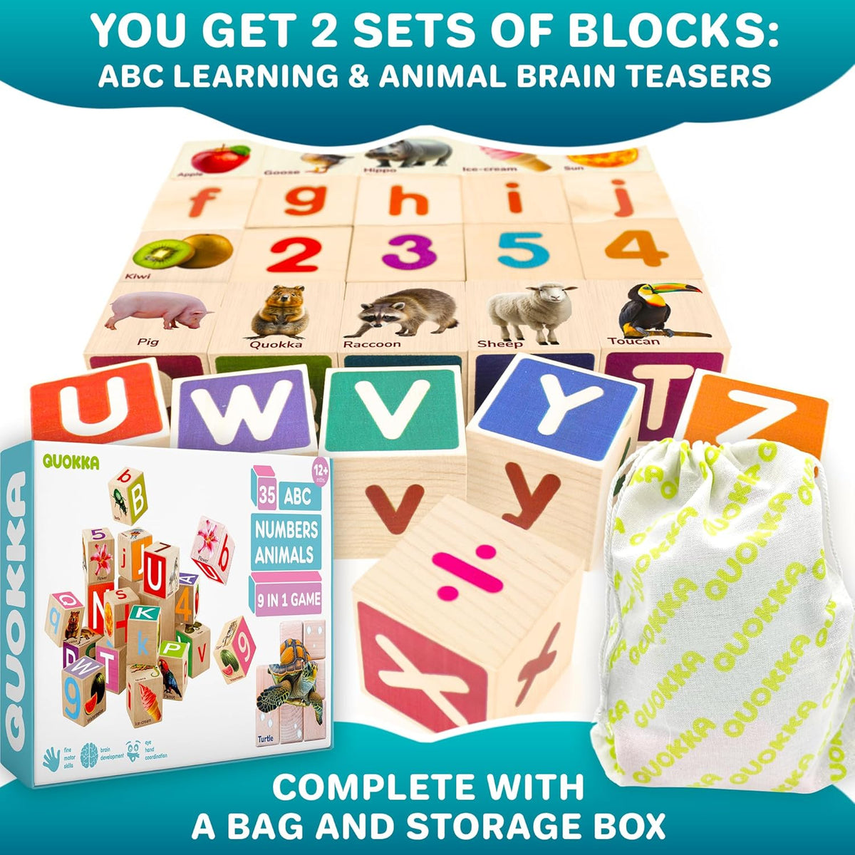QUOKKA Montessori Wooden Blocks for Toddlers 1-3 - 35 Realistic ABC Learning Baby Blocks for Kids