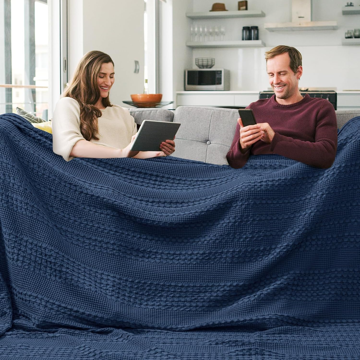 PHF 100% Cotton Waffle Blanket Oversized King 120"x120", Lightweight Breathable Extra Large 10'x10'