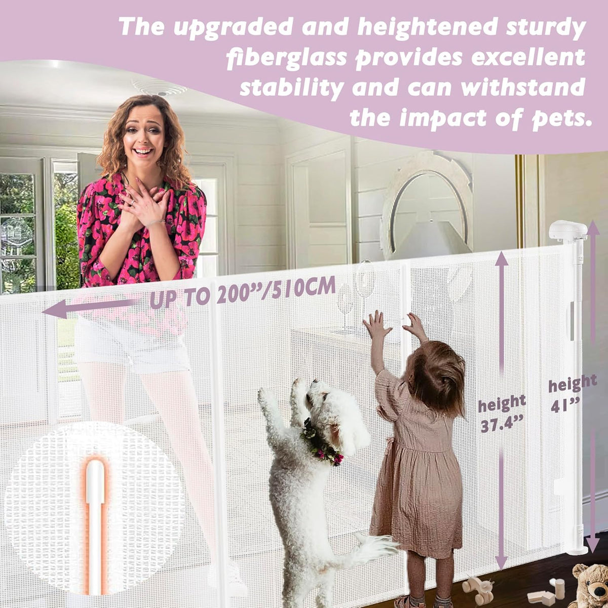 200" Retractable Baby Gates Extra Wide for Large Opening, 41" Extra Tall Retractable Dog Gate Pet