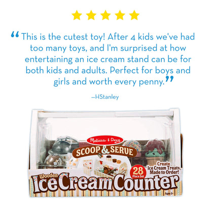 Melissa & Doug Wooden Scoop & Serve Ice Cream Counter, Pretend Play Store, 28 Toy Food & Play