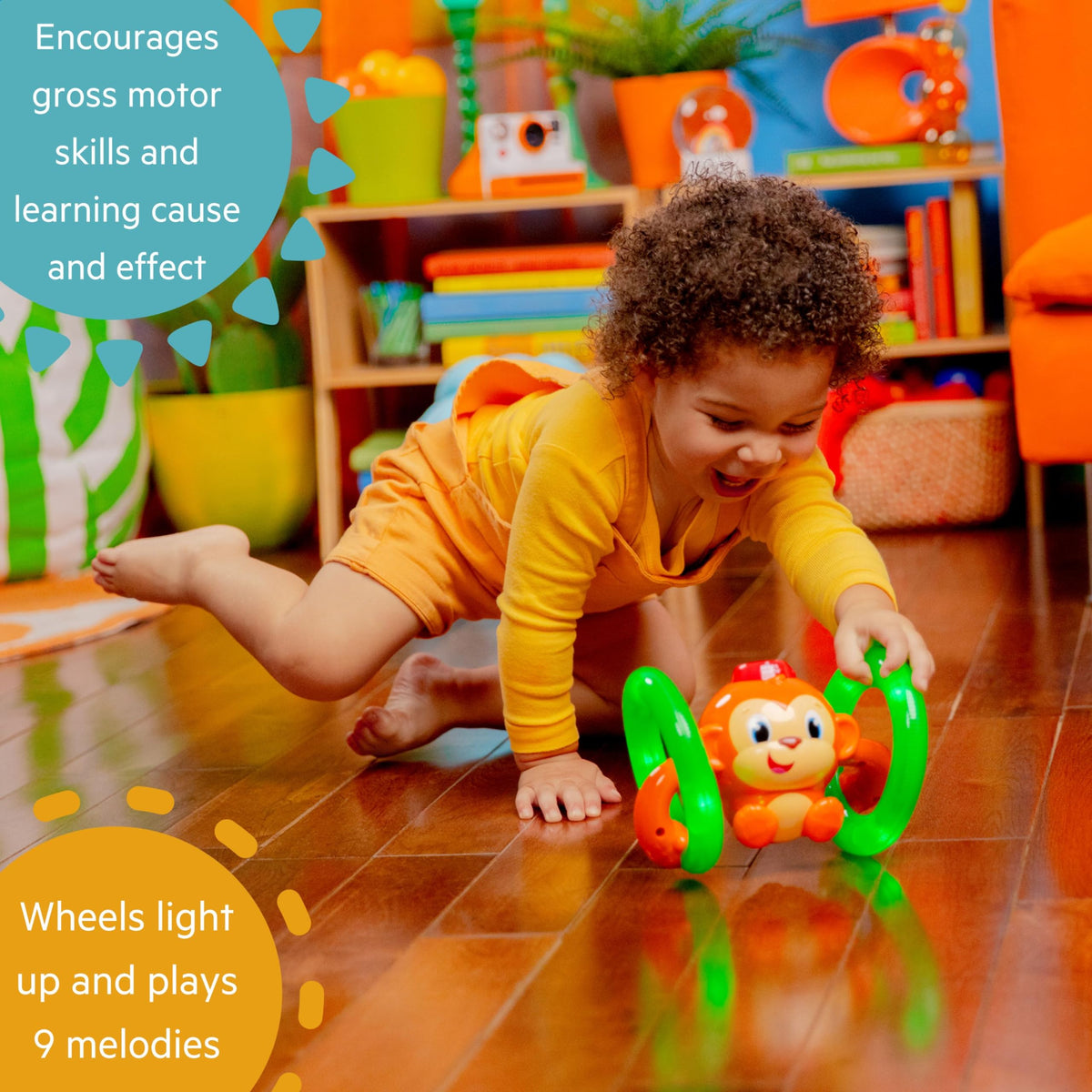 Bright Starts Roll & Glow Monkey Crawling Baby Toy with Lights and Sounds, Tummy Time Toy, 6 Months