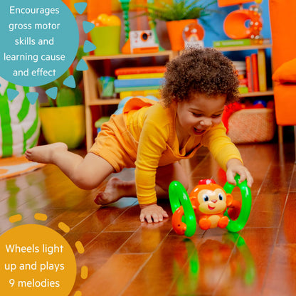 Bright Starts Roll & Glow Monkey Crawling Baby Toy with Lights and Sounds, Tummy Time Toy, 6 Months