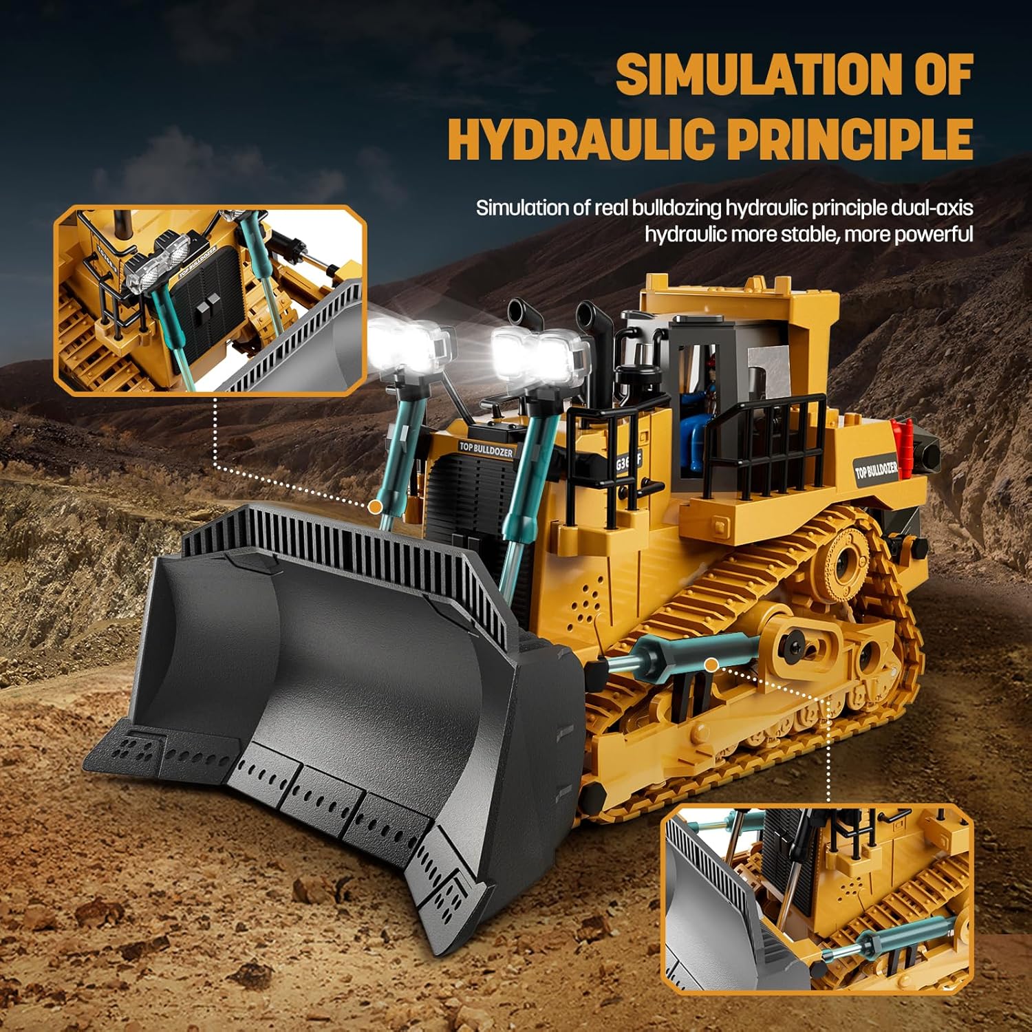 9-Channel Metal RC Bulldozer - Realistic Remote Control Kids Construction Play Toys with Lights and