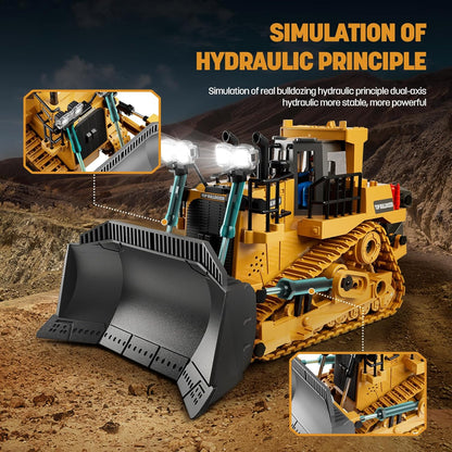 9-Channel Metal RC Bulldozer - Realistic Remote Control Kids Construction Play Toys with Lights and