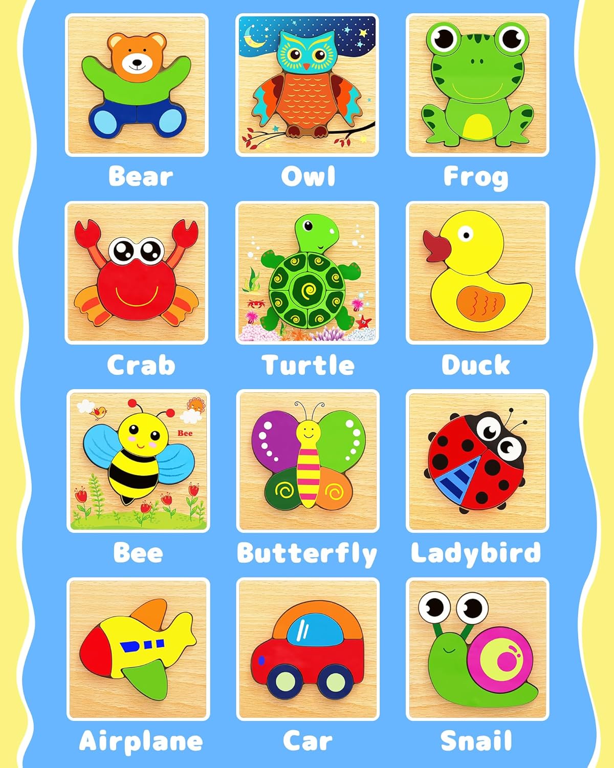 Bekayshad Wooden Puzzles Toddler Toys Gifts for 1 2 3 Year Old Boys Girls, 12 Pack Animal Jigsaw