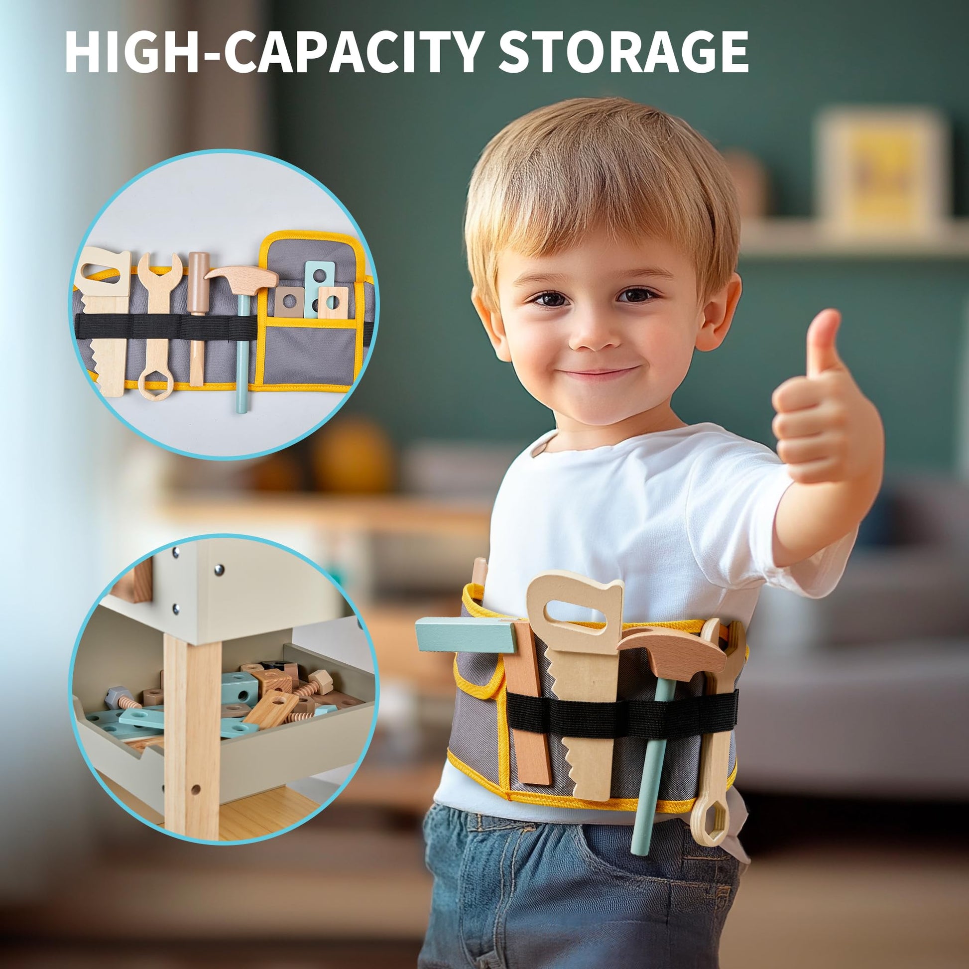 Kids Tool Set,Wooden Tools Bench with Apron Toddler Toy Workbench with Realistic Tools Electric