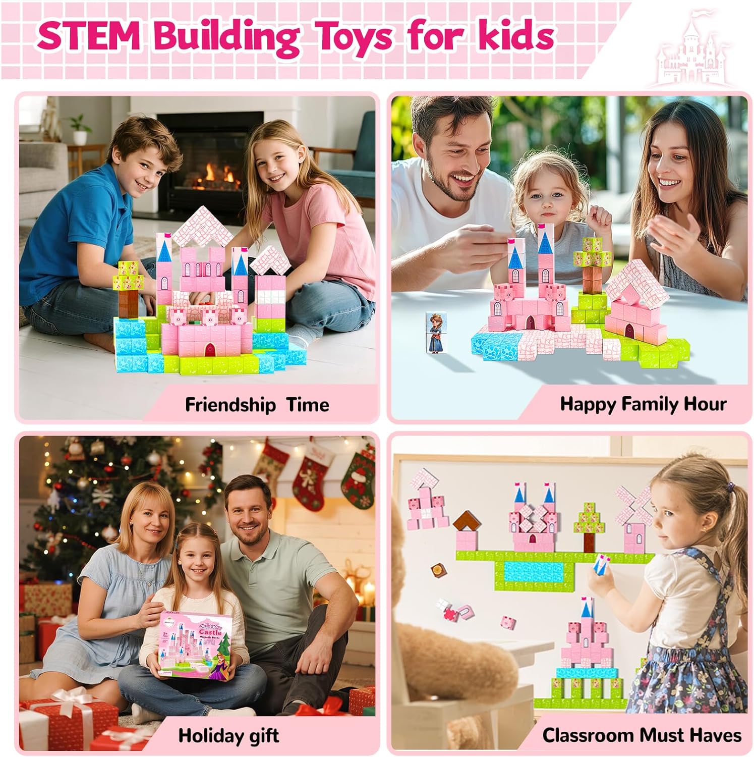 64 Pcs Magnetic Blocks-Princess Castle Collection World,Magnetic Building Blocks for 3+ Year Old
