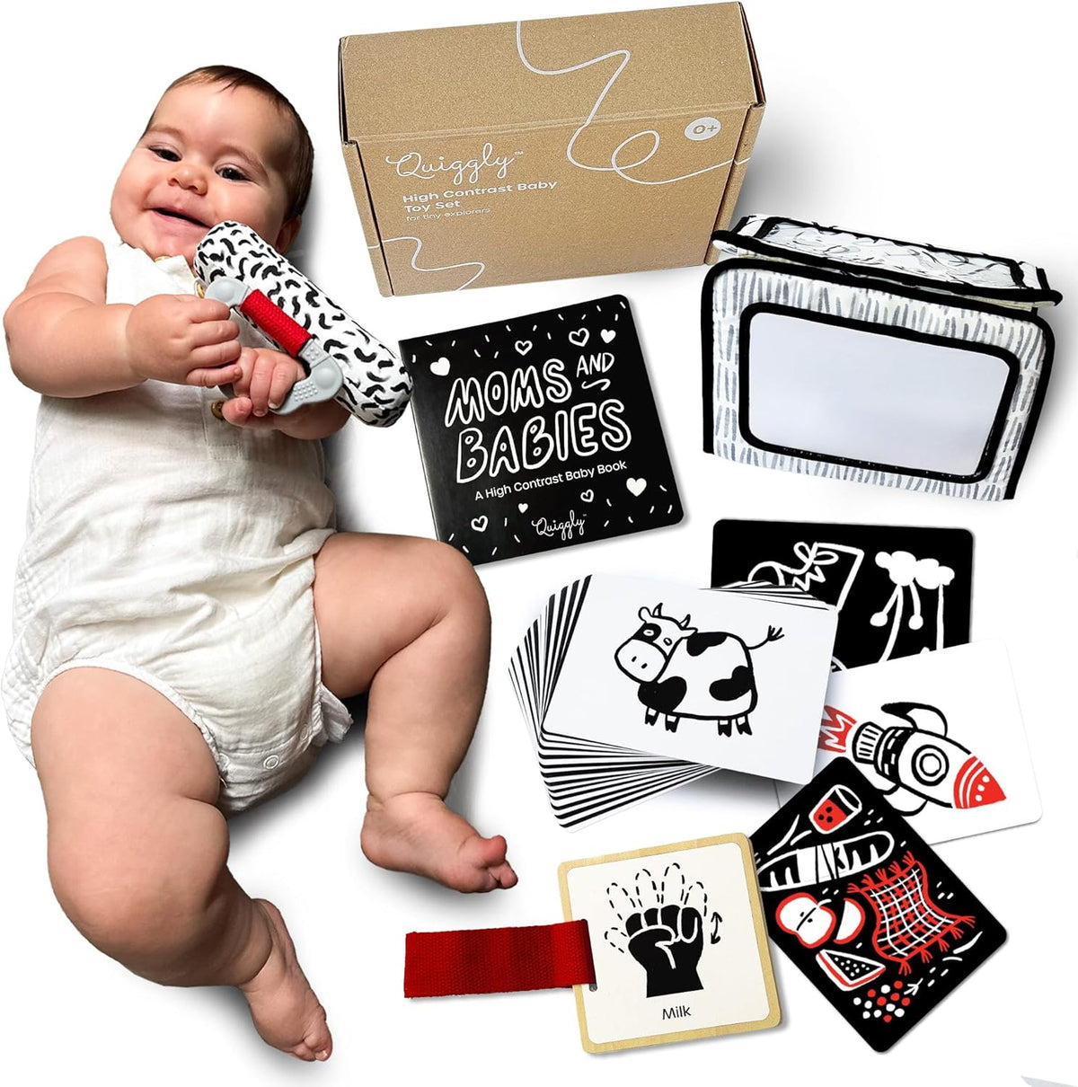 Quiggly High Contrast Baby Toy Set - Black and White Newborn Sensory Toys - Tummy Time Mirror, 25