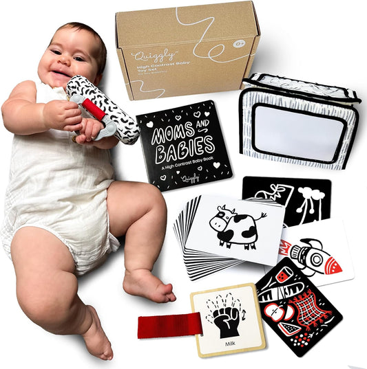 Quiggly High Contrast Baby Toy Set - Black and White Newborn Sensory Toys - Tummy Time Mirror, 25