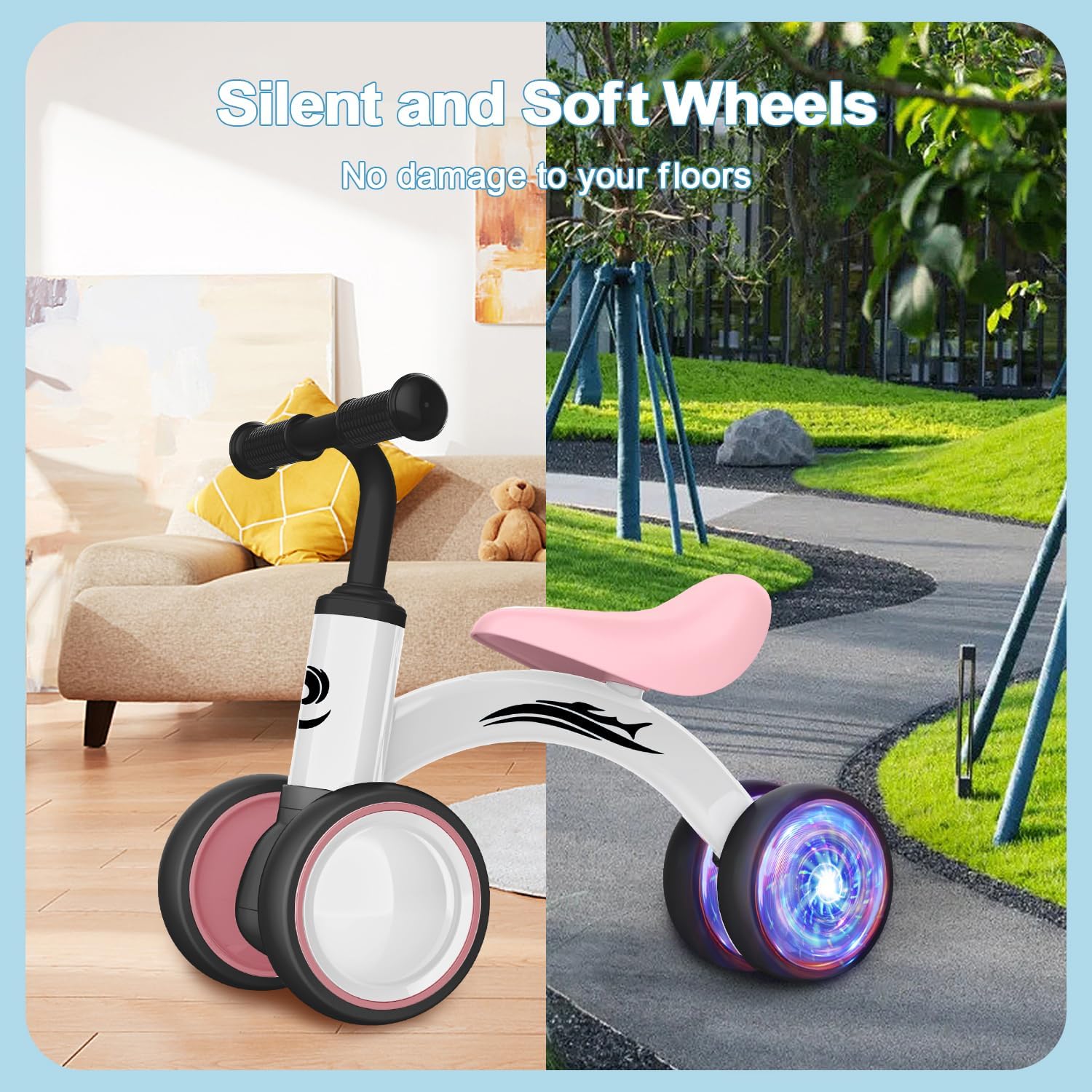 Colorful Lighting Baby Balance Bike Toys for 1 Year Old Girl Gifts, 10-36 Month Toddler Balance
