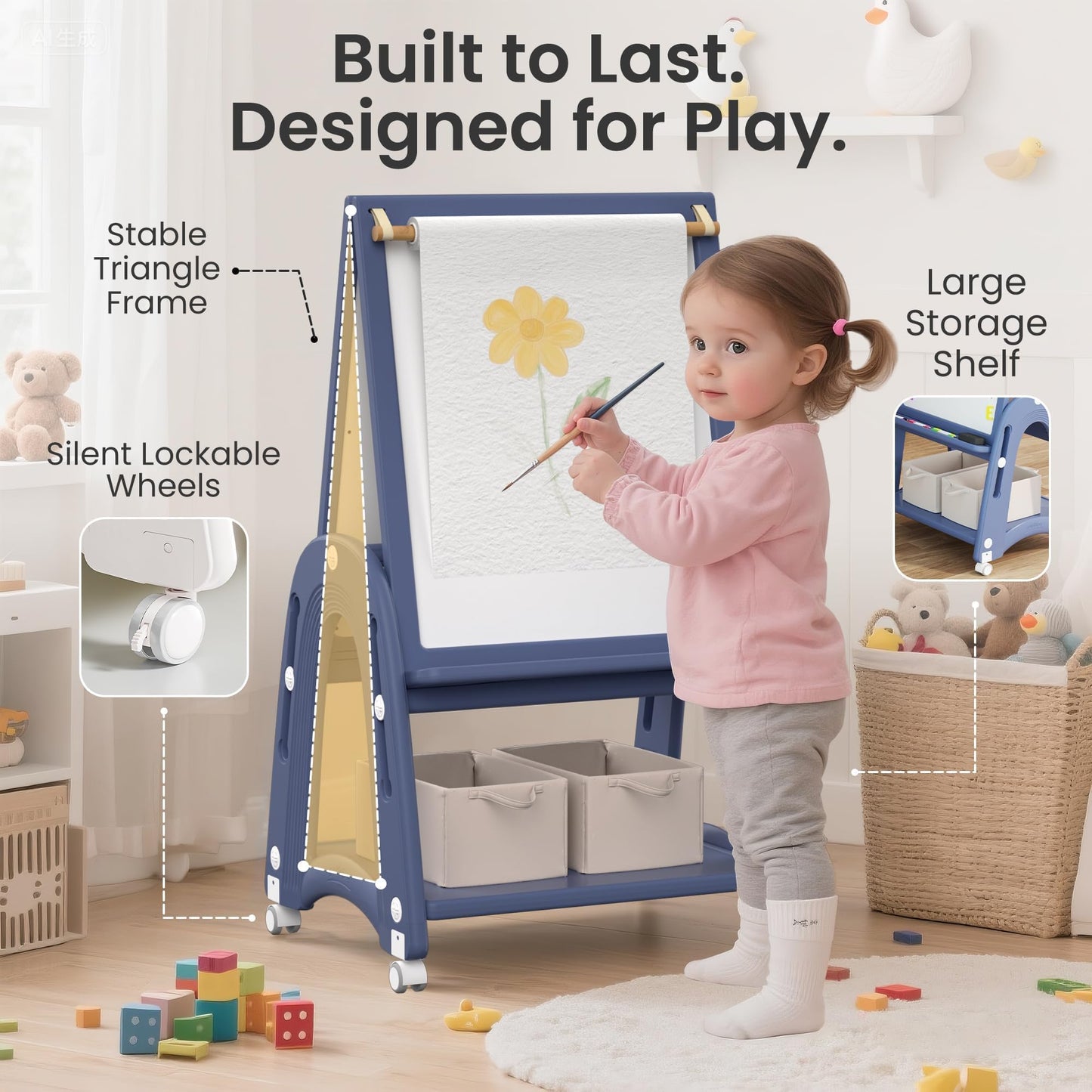 hoopyosms Art Easel for Kids 2-4 with Wheels, Whiteboard, Chalkboard & Paper Roll Adjustable Height