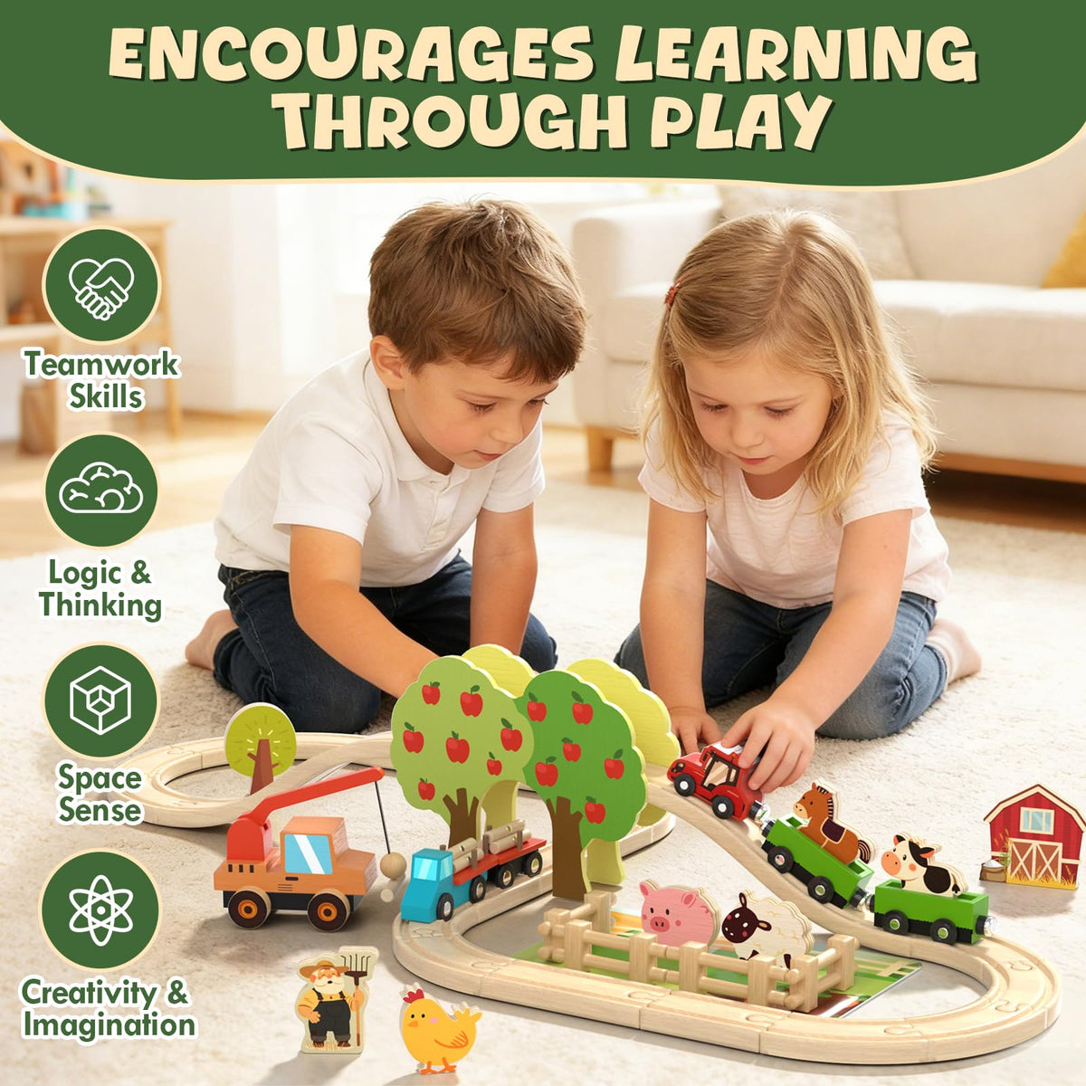 Lehoo Castle Farm Wooden Train Set, Wooden Train Tracks Set for Kids