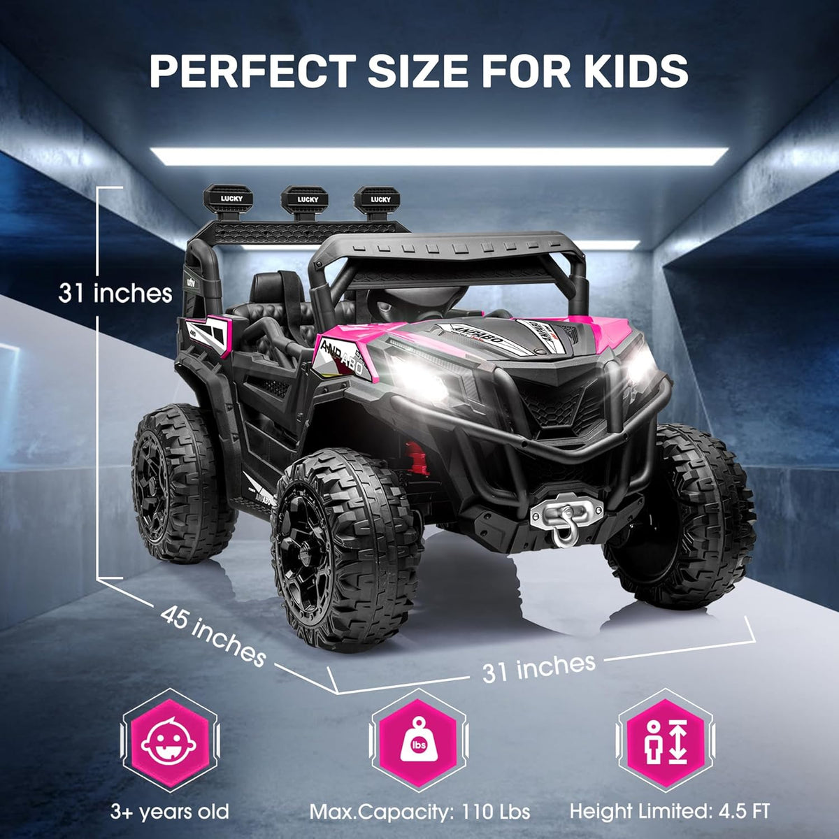 ANPABO 24V 4X4 Ride on Car Truck w/Remote Control, 4WD/2WD Switchable Kids UTV, 19" Spacious Seat