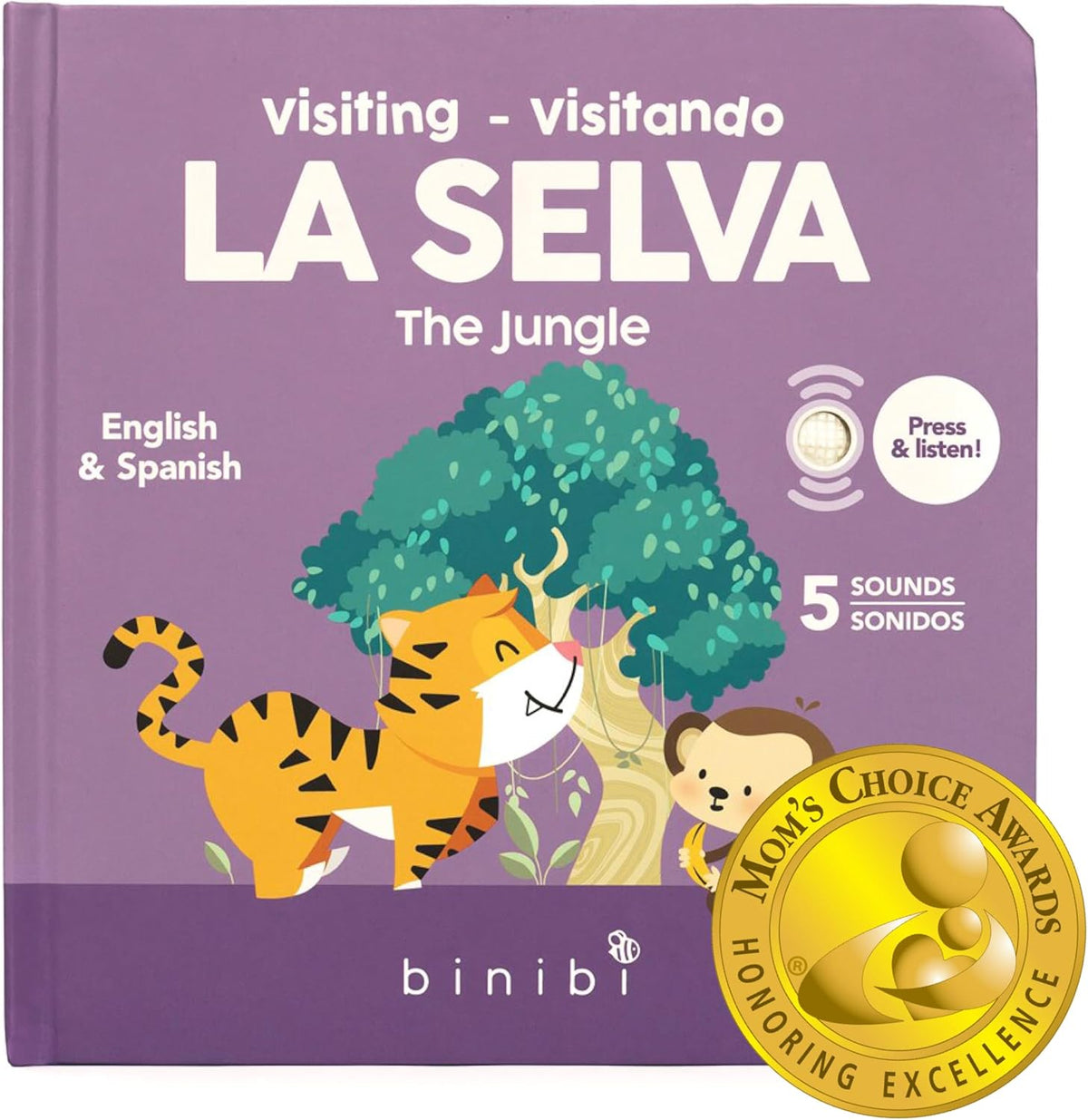 Binibi Spanish Books for Babies & Toddlers 1-3 La Selva Bilingual Sound Book with Jungle Animal