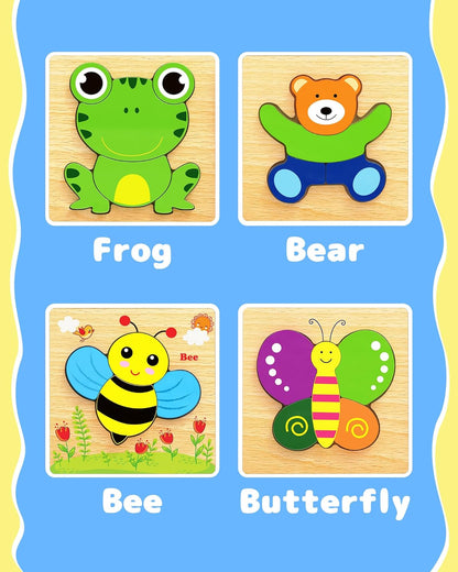 Bekayshad Wooden Puzzles Toddler Toys Gifts for 1 2 3 Year Old Boys Girls, 4 Pack Animal Jigsaw