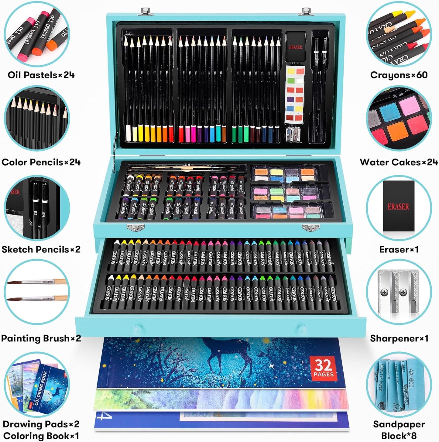 iBayam Art Supplies, 150-Pack Deluxe Wooden Art Set Crafts Drawing Painting Kit with 1 Coloring