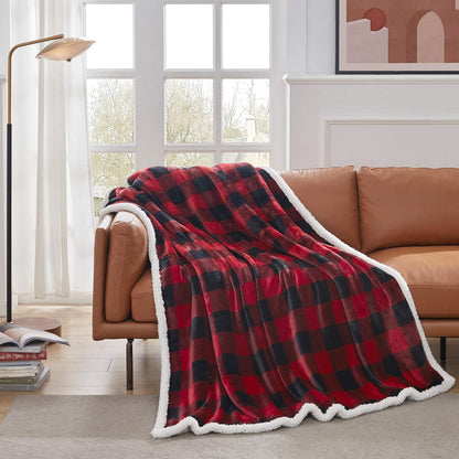 Touchat Sherpa Red and Black Buffalo Plaid Christmas Twin Blanket 60" X 70", Fuzzy Fluffy Soft Cozy