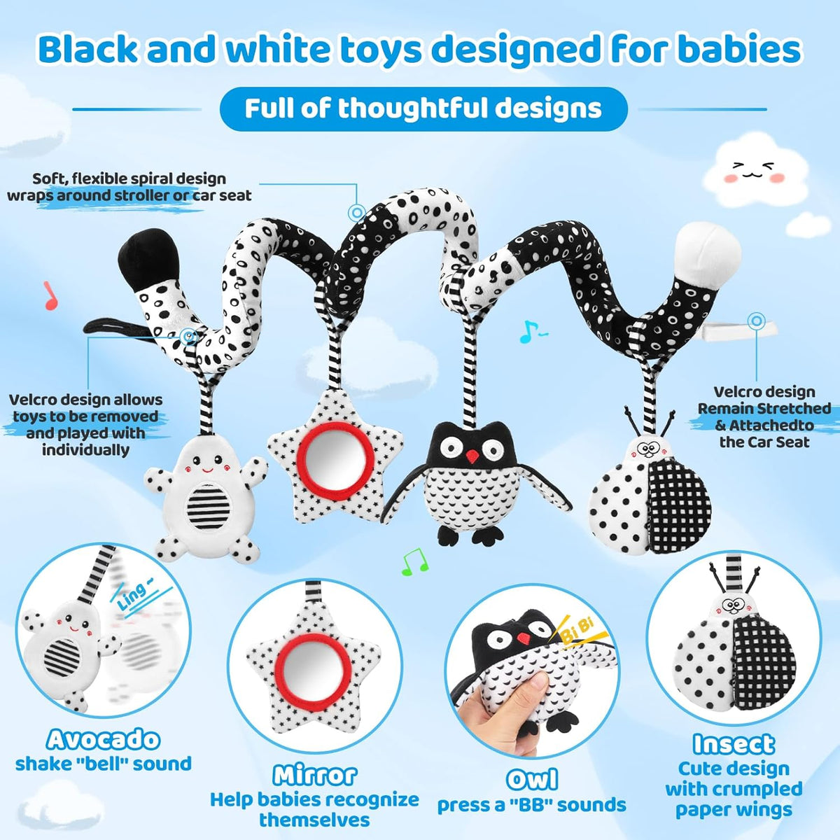 High Contrast Baby Toys - Black & White Hanging Toys for Car Seat, Stroller & Crib | Newborn