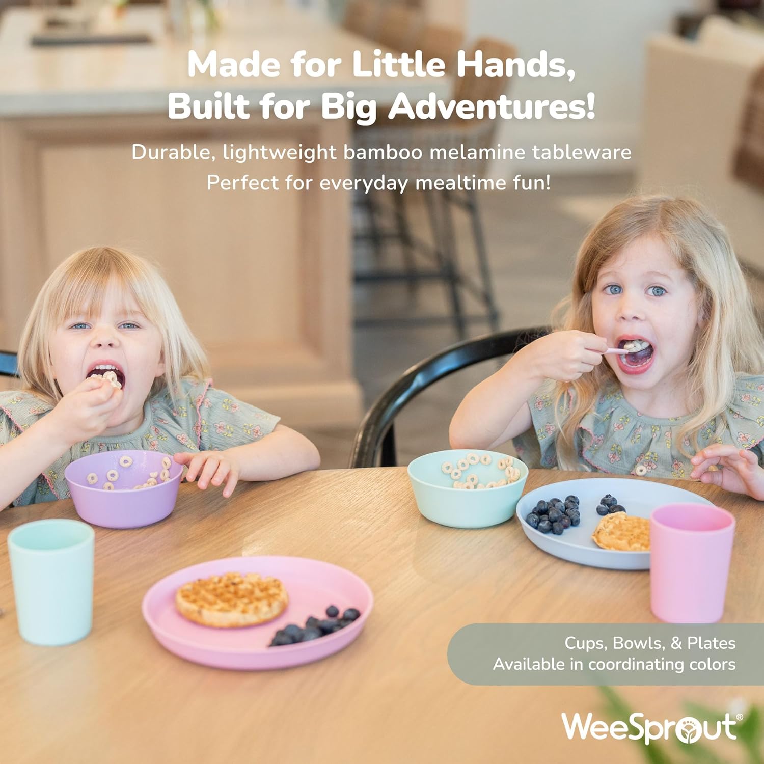 WeeSprout Bamboo Kids Bowls, Set of Four 15 oz Kid-Sized Dinnerware, Cereal, Leftovers & Snack
