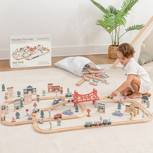 Comfy Cubs 100-Piece Wooden Train Set for Toddlers Ages 1+, Fun & Eco Friendly Toddler Train Set