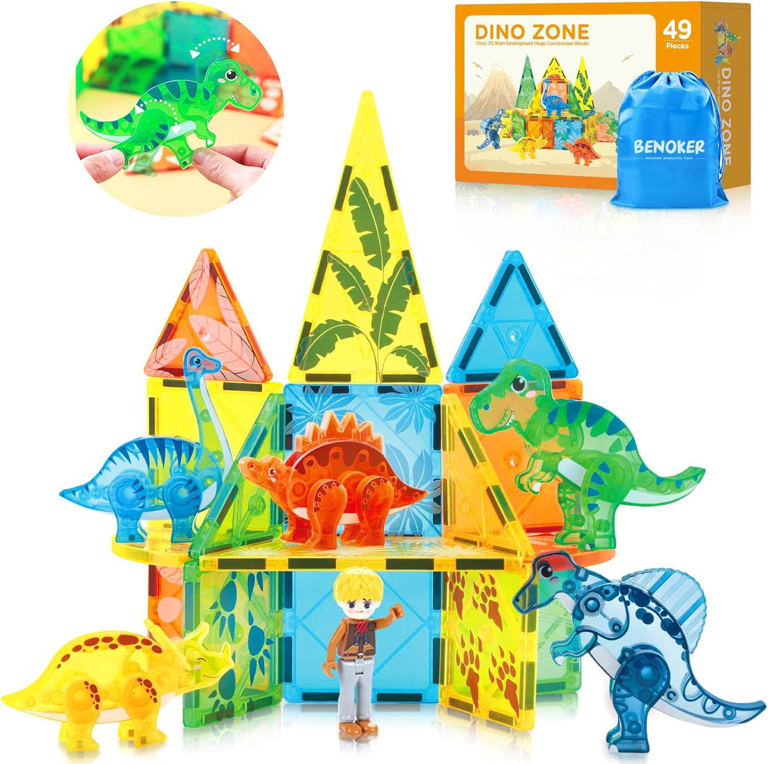 Dinosaur Magnetic Tiles,Animals Magnet Building Blocks Toys Dino World,3D STEM Educational Magnet