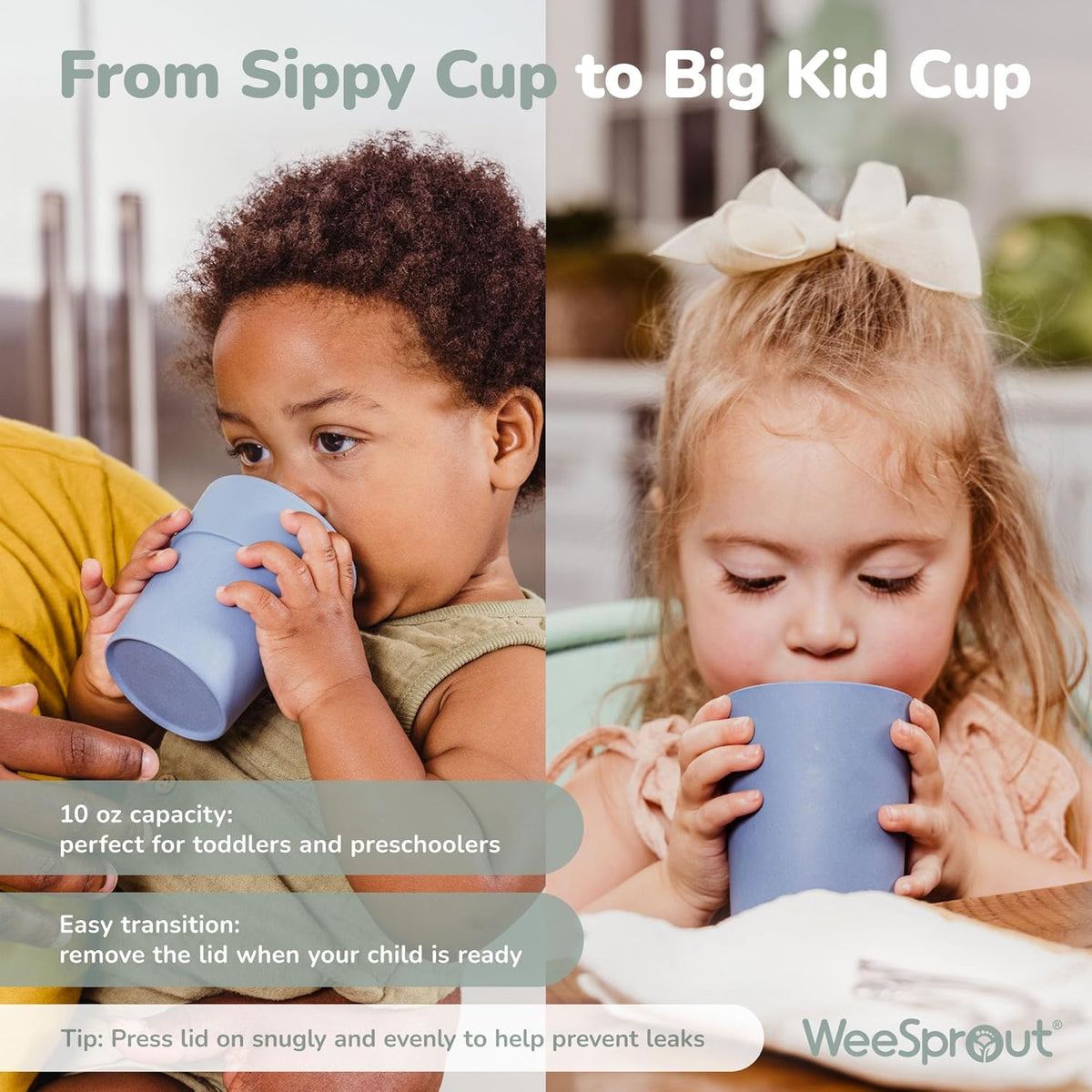 WeeSprout Bamboo Grow-With-Me Sippy Cups with Lids, 10 oz Set of Four, Babies Kids & Toddlers, Made