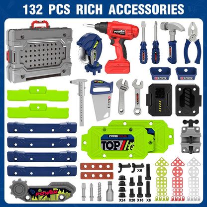 Kids Tool Bench Set with Electric Drill and Realistic Tools, Construction Workbench Playset Toy for
