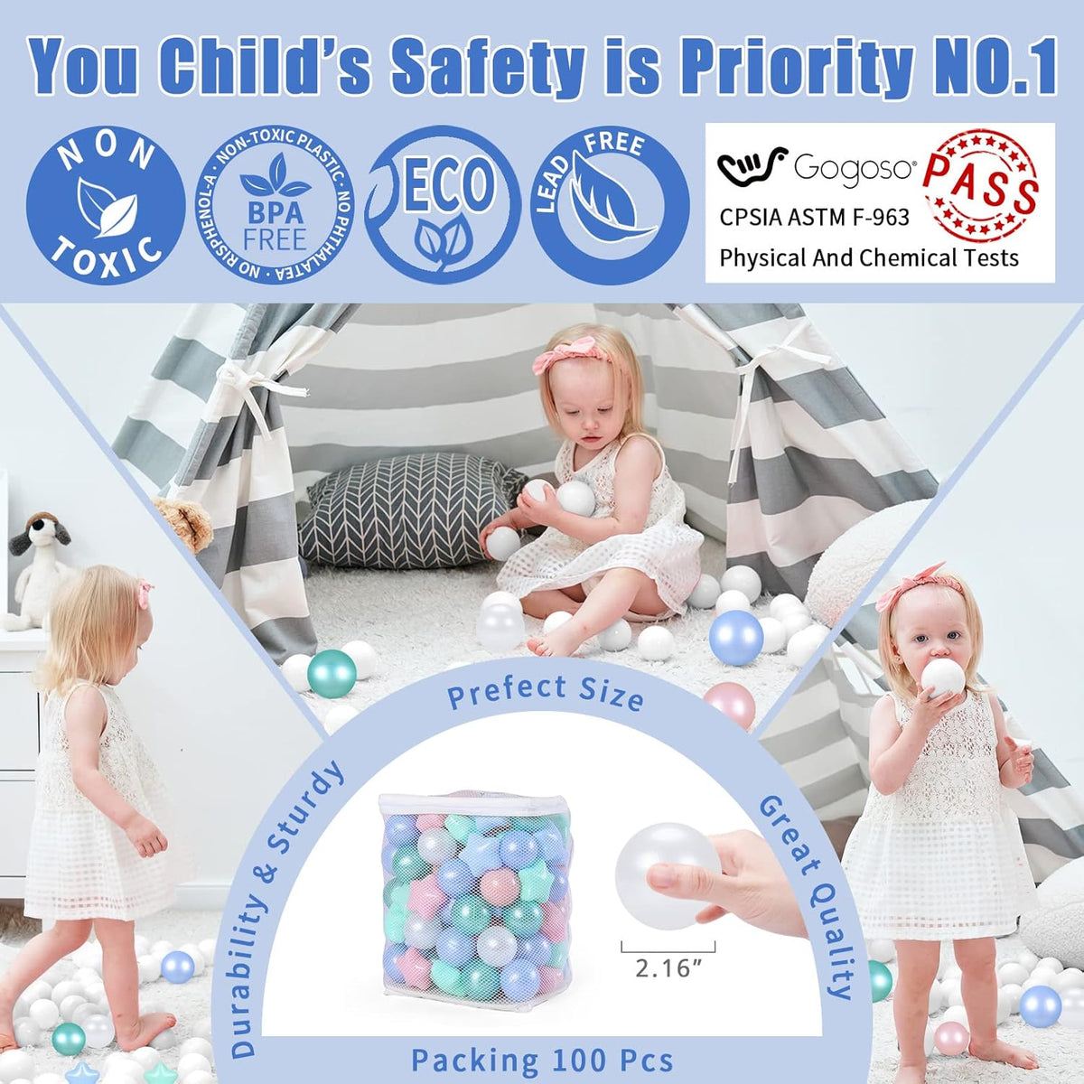 GOGOSO 100 Non-Toxic Play Balls for Kids - Soft, Crush-Proof, and BPA-Free Pit Balls in Fun Colors