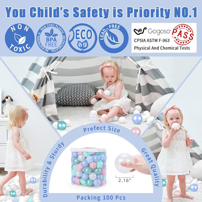 GOGOSO 100 Non-Toxic Play Balls for Kids - Soft, Crush-Proof, and BPA-Free Pit Balls in Fun Colors