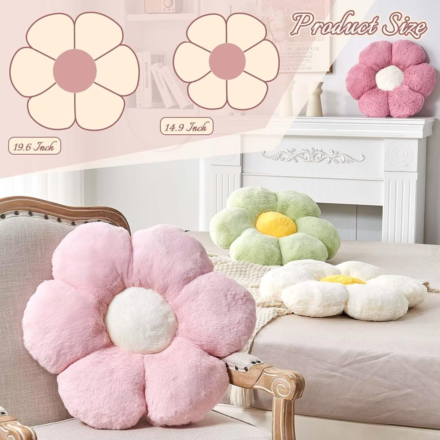 Hot Pink Flower Pillow, Cute Decorative Flower Shaped Throw Pillow with Faux Rabbit Fur, 14.9" Soft