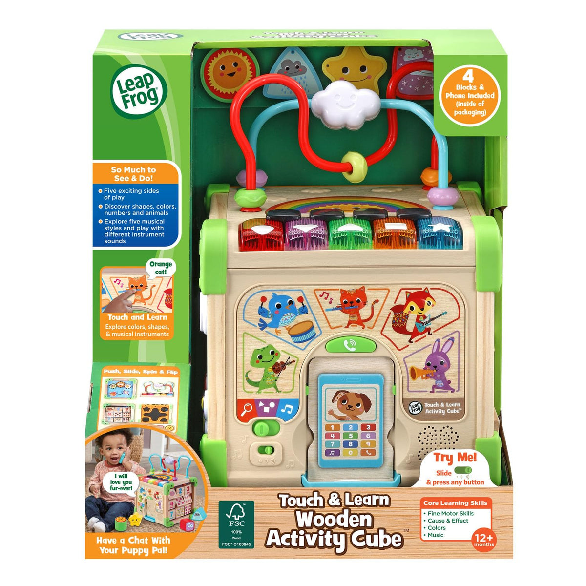 LeapFrog Touch and Learn Electronic Musical Light-Up Wooden Activity Cube Toy, Animal Themed, Ages
