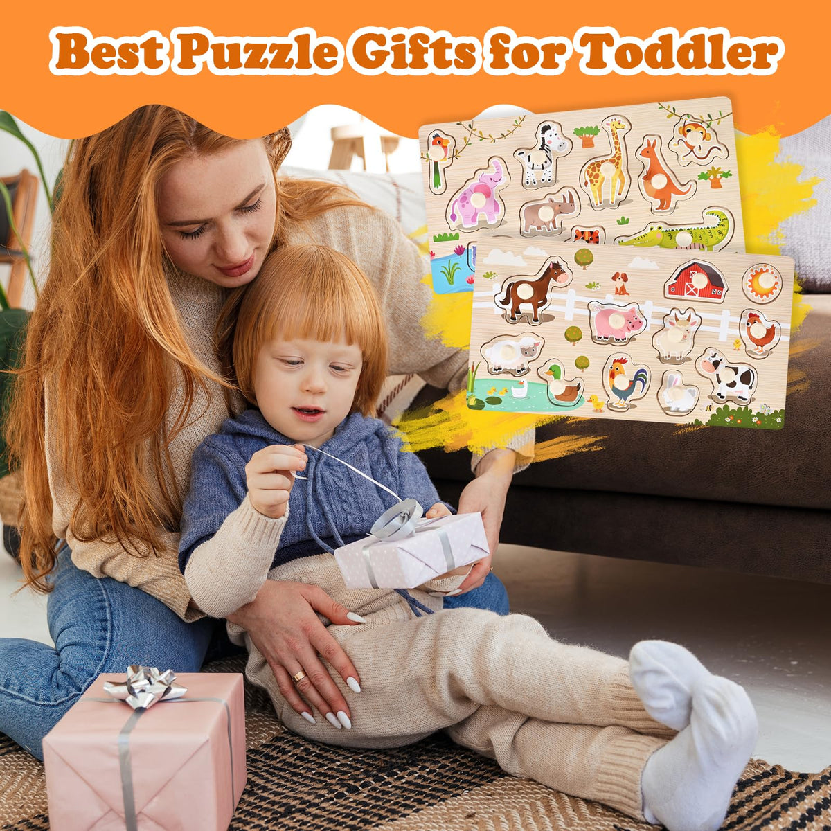WoodTrove Wooden Peg Puzzles for Toddlers 1-3, 2 Pcs Montessori Puzzles, Zoo & Farm Animal Puzzles