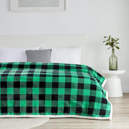 Touchat Sherpa Green and Black Buffalo Plaid Christmas Twin Blanket 60" X 70", Fuzzy Fluffy Soft