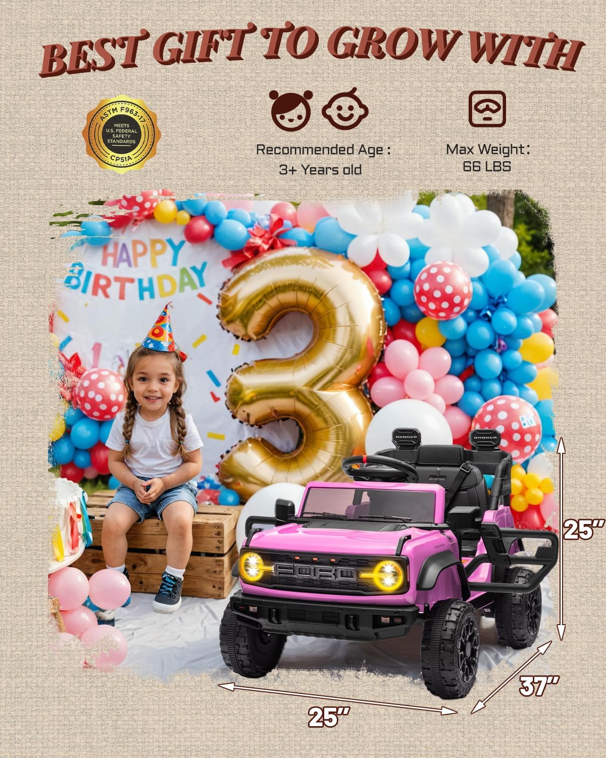 12V Electric Ride on Toys for Toddler, Ford Bronco Raptor Kids Ride on Car with Remote Control, 12