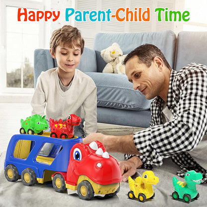 Toddler Car Toy for 2 3 4 5 Years Old, Dinosaur Transport Carrier Truck with 4 Pack Small Pull Back