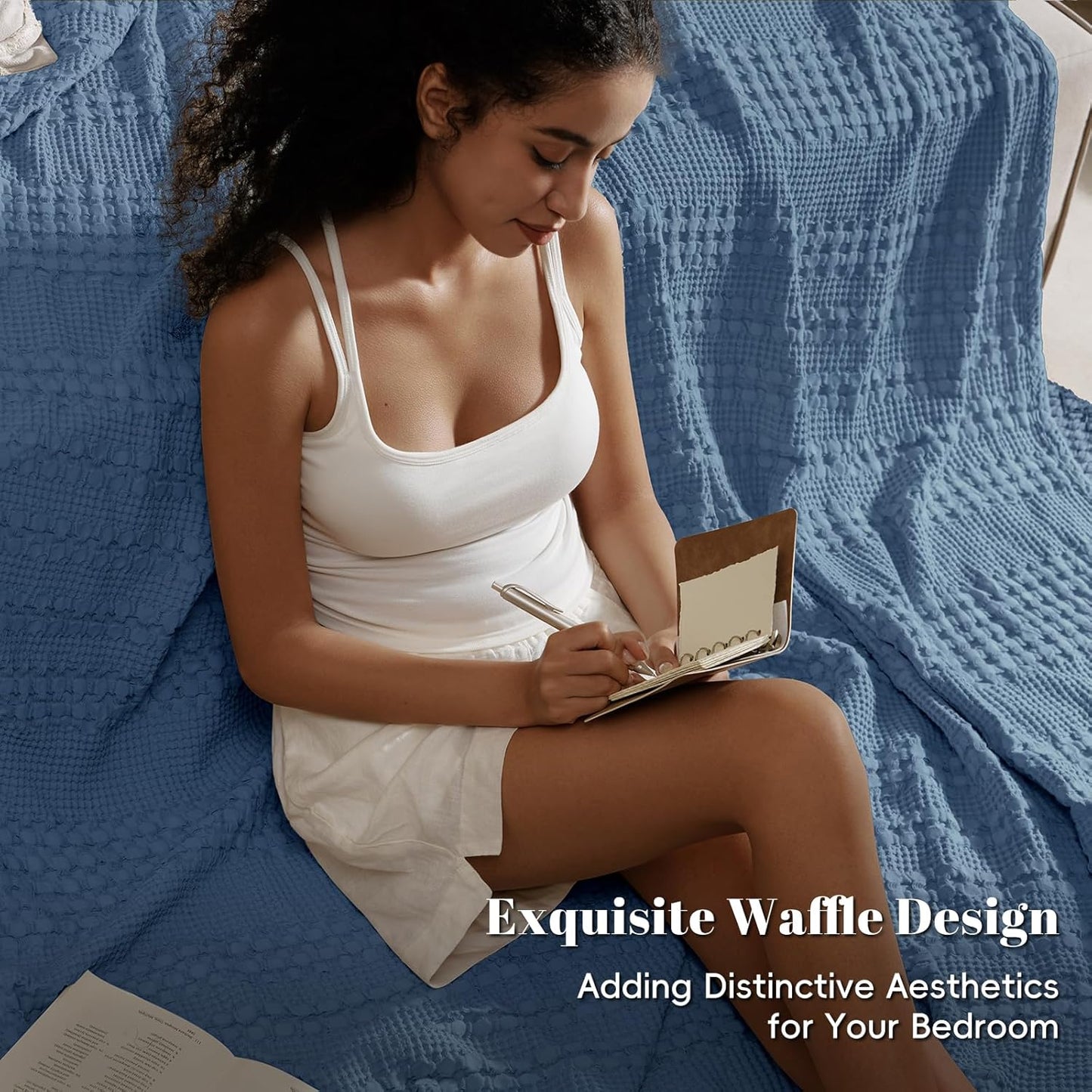PHF 100% Cotton Waffle Weave Blanket Queen Size, Soft Lightweight Breathable Cozy Summer Blankets