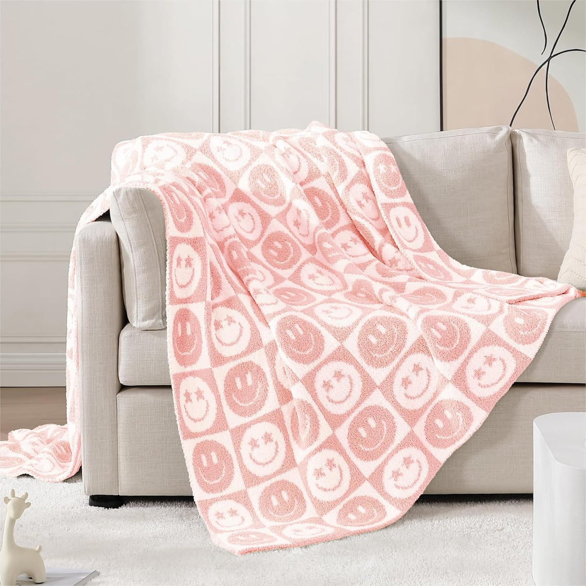 WRENSONGE Checkered Throw Blanket Blossom Smiling Face Soft Cozy Fluffy Warm Hand Made Throw