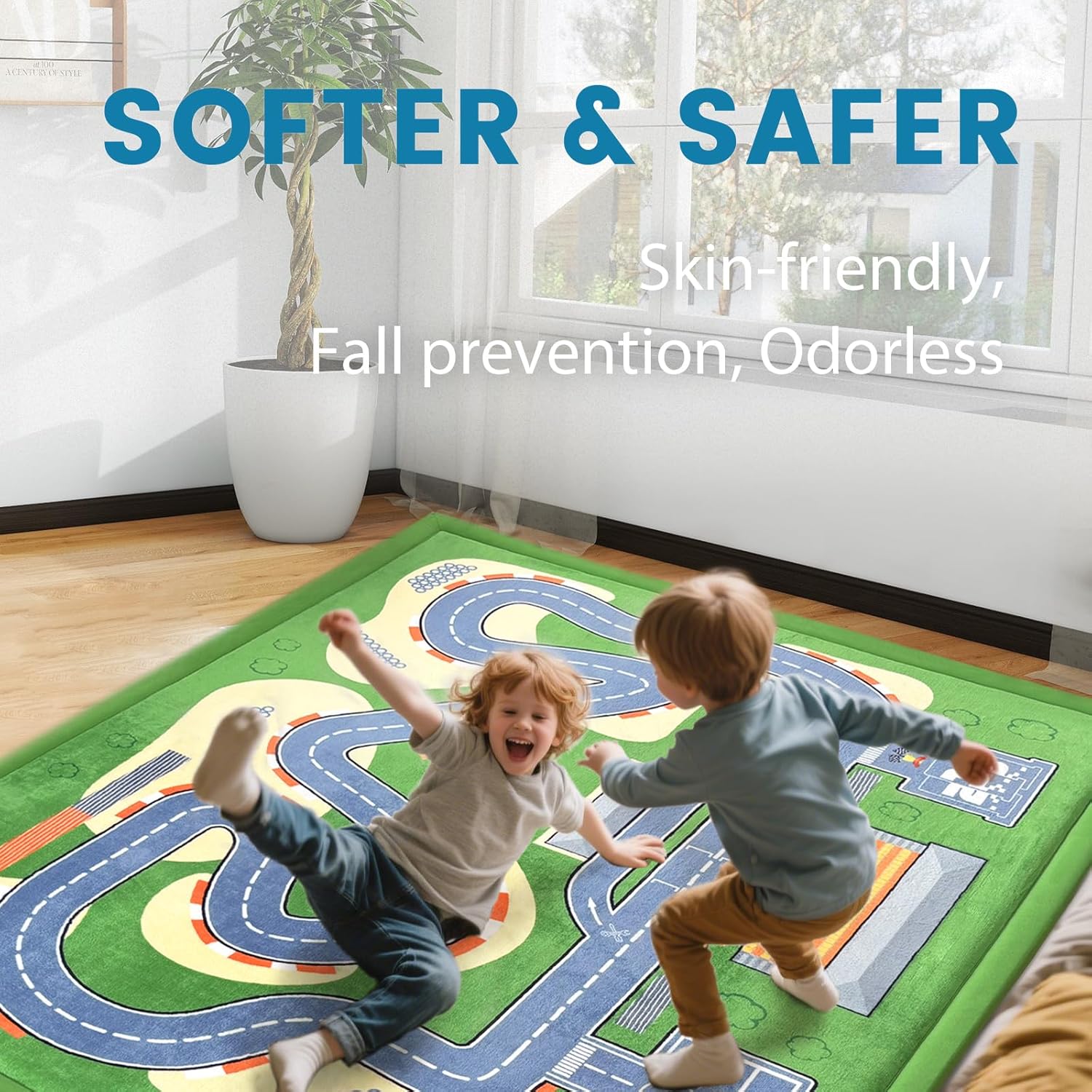 Race Track Playmat Rug, 1.3" Toddler Safety Elasti-Foam Playmat 59"×79" Fun and Education Large
