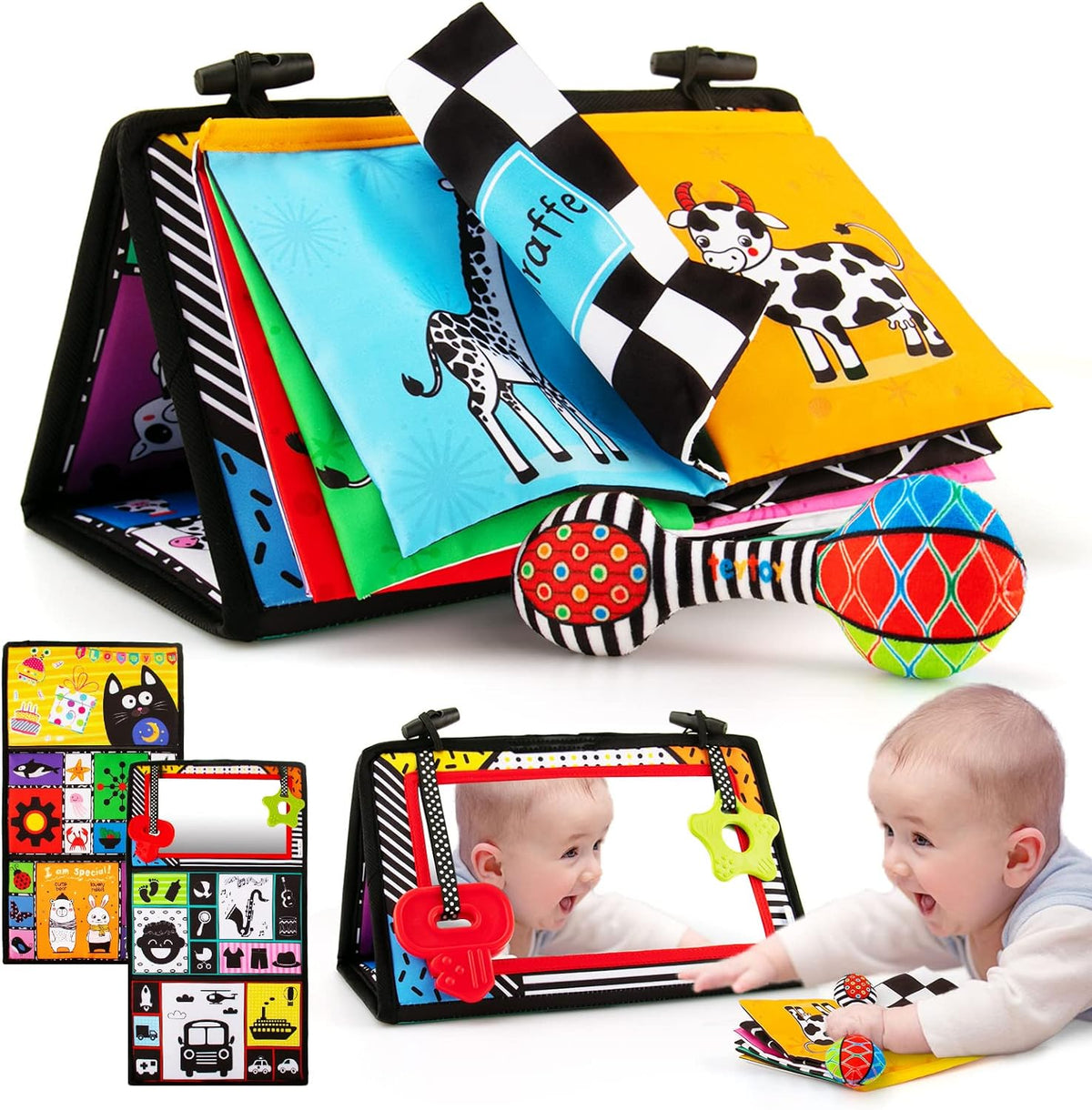 3-in-1 Tummy Time Mirror with Soft Crinkle 3D Activity Book, Teethers, Rattle - High Contrast Black