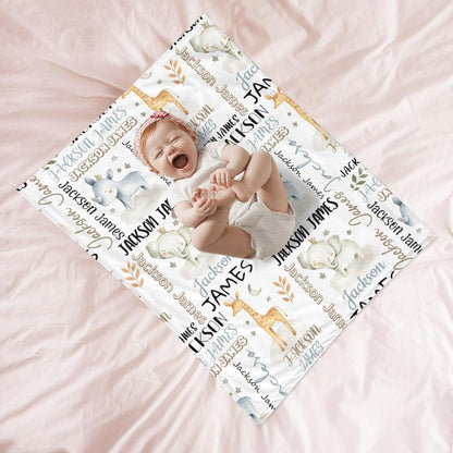 Personalized Safari Animal Swaddle Blanket - Custom Blanks for Boys, Name Blanket for Toddlers &