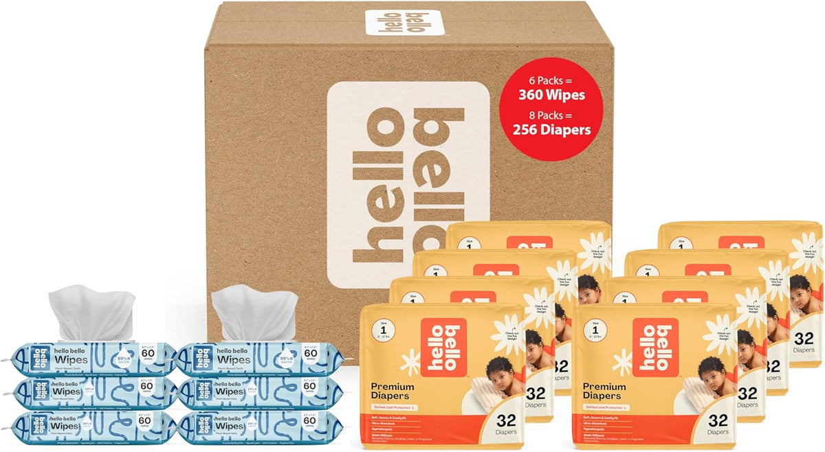 Hello Bello Mega Surprise Pack, Size 1 (8-12 lbs), 256ct Hypoallergenic Assorted Diapers with a