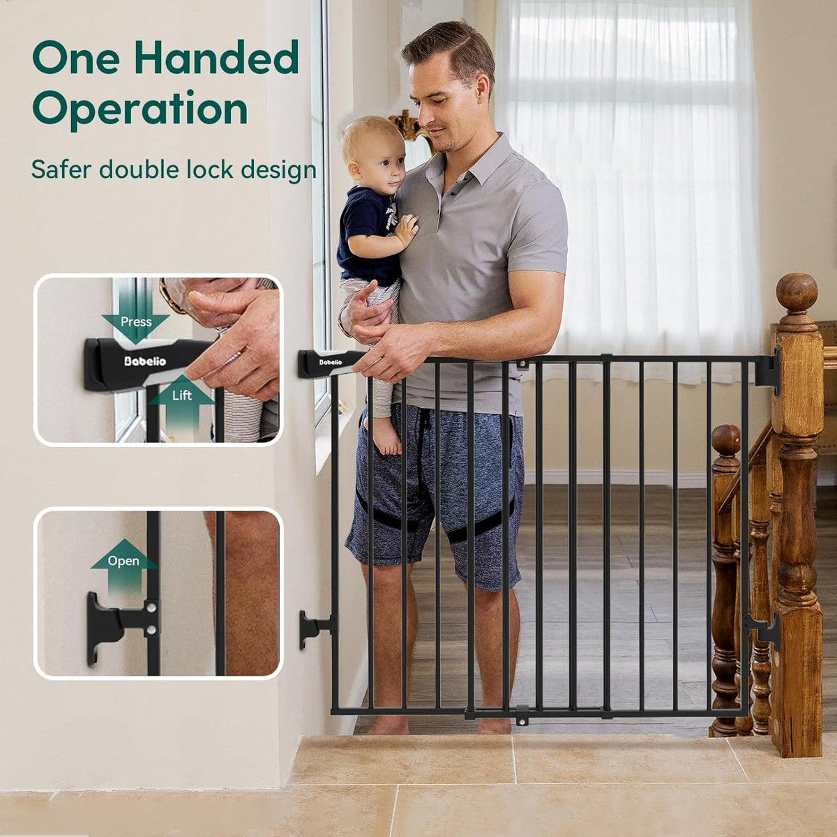 Babelio 26-43" No Bottom Bar Baby Gate for Babies, Elders and Pets, 2-in-1 Hardware Mount Dog Gate