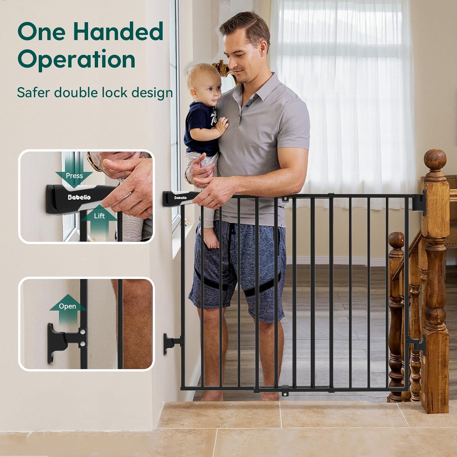 Babelio 26-43" No Bottom Bar Baby Gate for Babies, Elders and Pets, 2-in-1 Hardware Mount Dog Gate