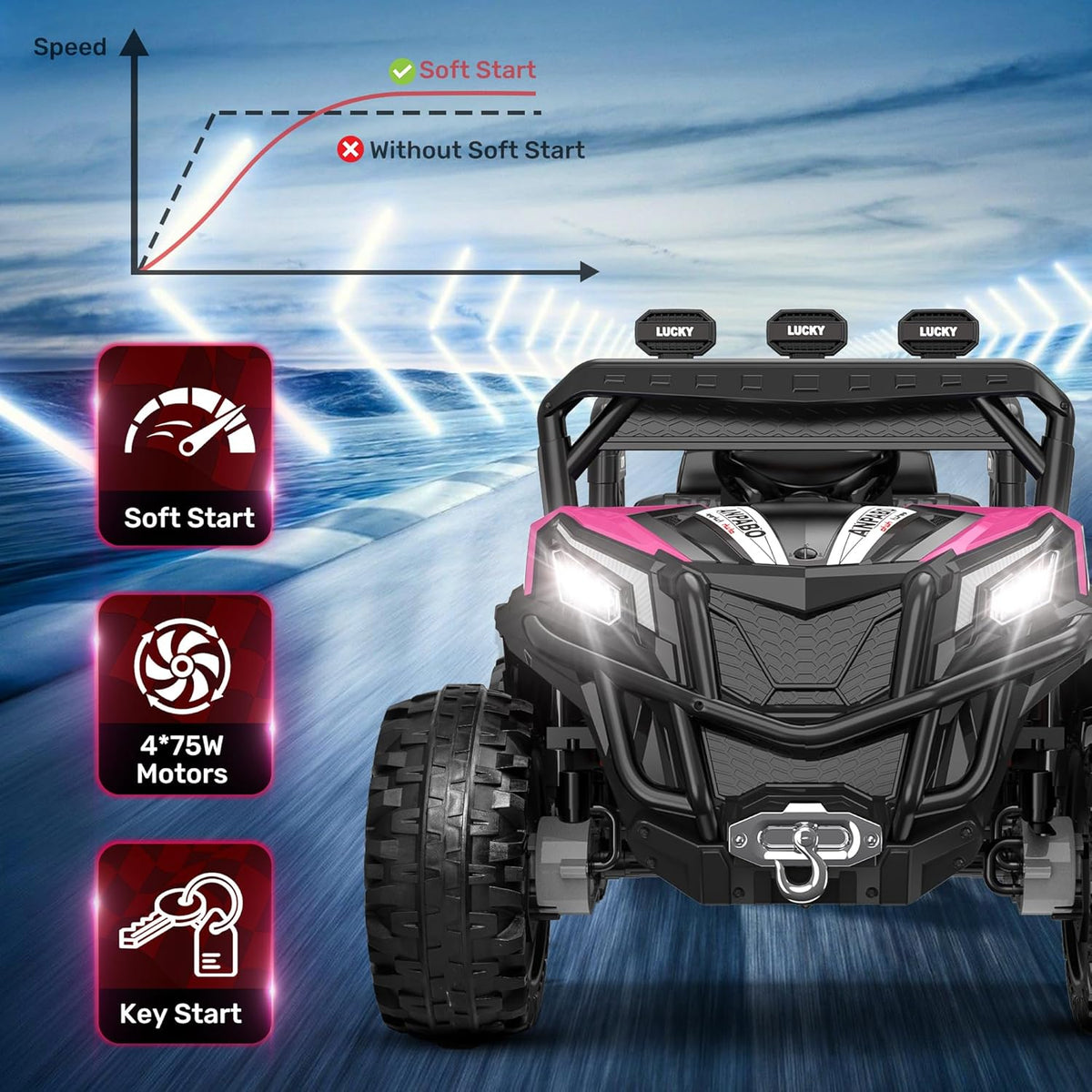 ANPABO 24V 4X4 Ride on Car Truck w/Remote Control, 4WD/2WD Switchable Kids UTV, 19" Spacious Seat
